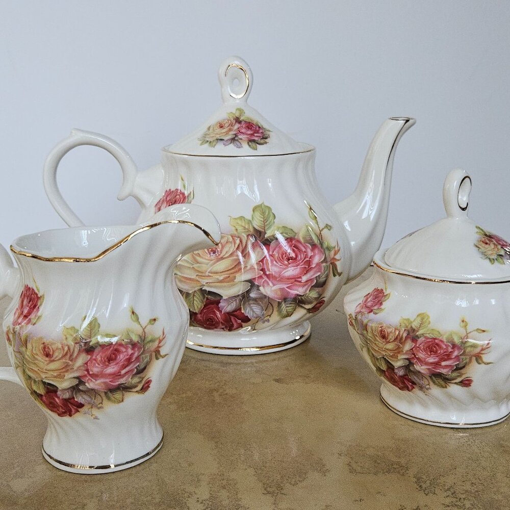 Grace's Tea Ware Floral Porcelain Rose Floral Teapot, Sugar & Creamer
